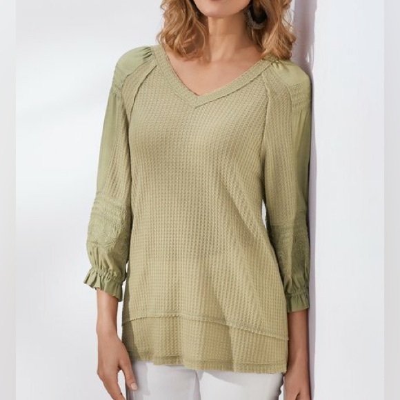 Soft Surroundings Tops - Soft Surroundings Mara Waffle Knit Embroidered Tunic Top‎ in sage green